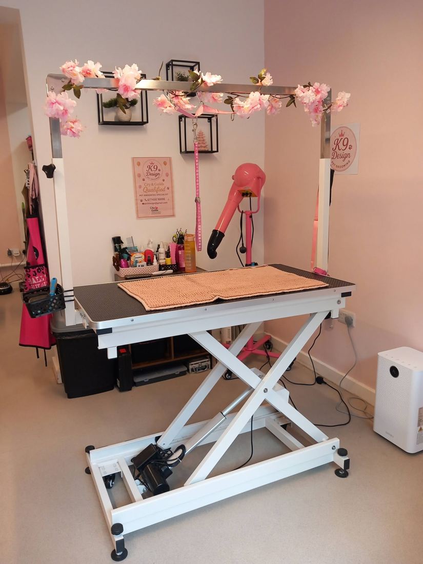 A pretty cherry-blossom grooming station inside K9 Design, Belper